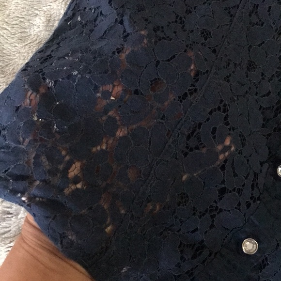 Navy blue floral lace button front shirt L 3/4 sleeve satin collar & trim - Picture 9 of 9